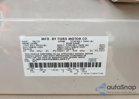 2021 Lincoln Nautilus Reserve z USA, uszkodzony, nr VIN 2LMPJ6K9XMBL08517